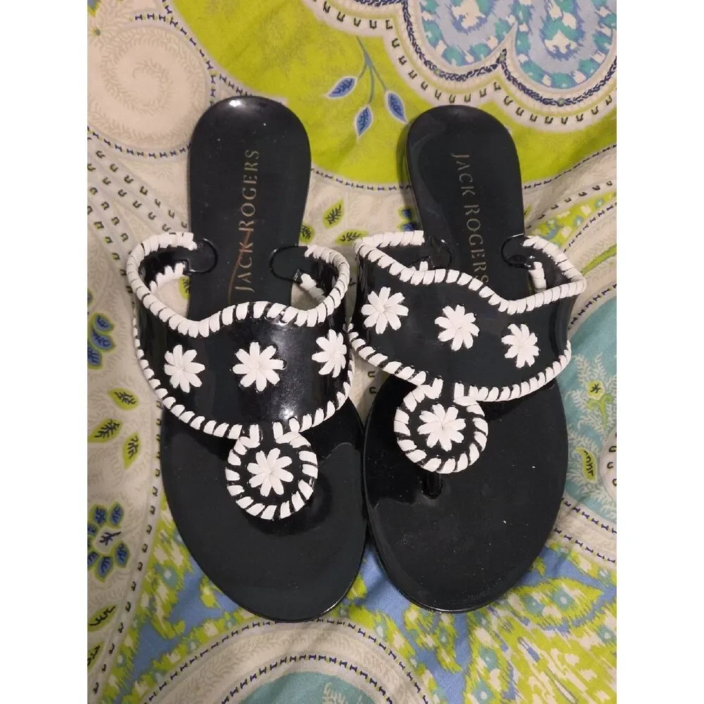 Jack Rogers Black and White Daisy Whipstitch Sandals